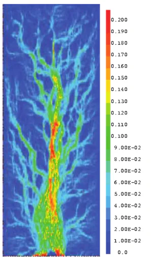 Carte de lame d'eau ruisselée simulée par le modèle 3D distribué de la thèse (données de Thiès, Sénégal) : réseau de drainage ramifié, coloré du bleu au rouge selon la hauteur d'eau