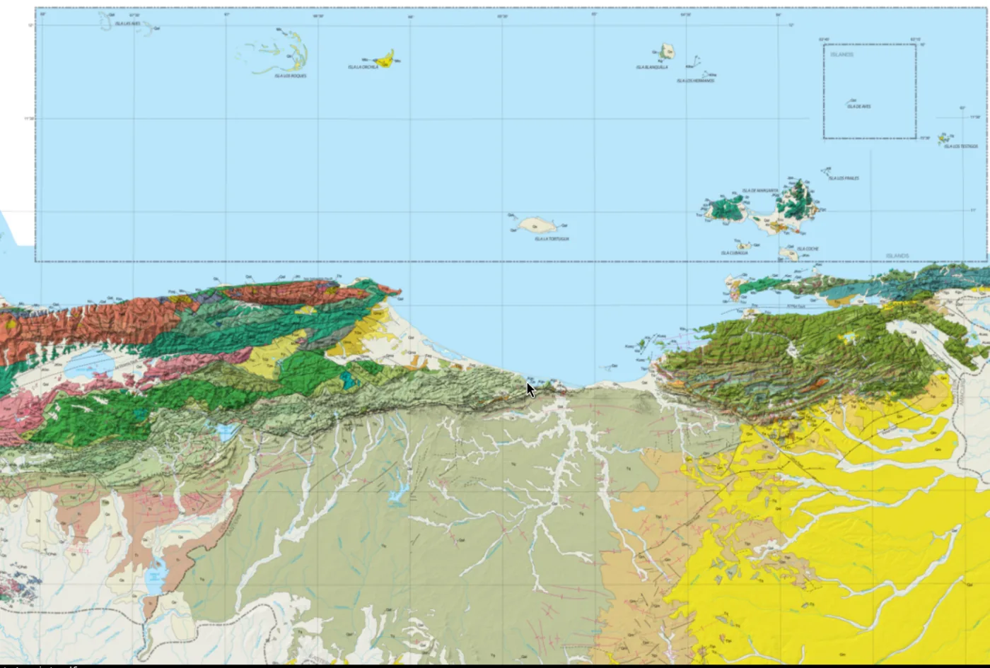 Carte géologique de la côte vénézuélienne et de ses îles (Los Roques, Margarita, La Orchila…) : formations colorées par âge et nature, failles, réseau hydrographique du continent
