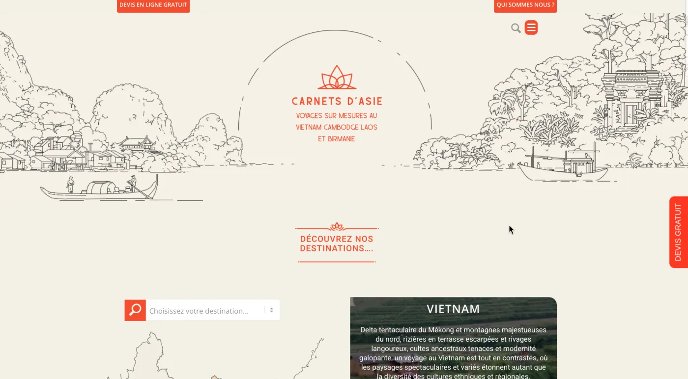 Page d'accueil du site carnetsdasie.com : agence de voyages sur mesure au Vietnam, Cambodge, Laos et Birmanie, illustrations au trait sur fond crème